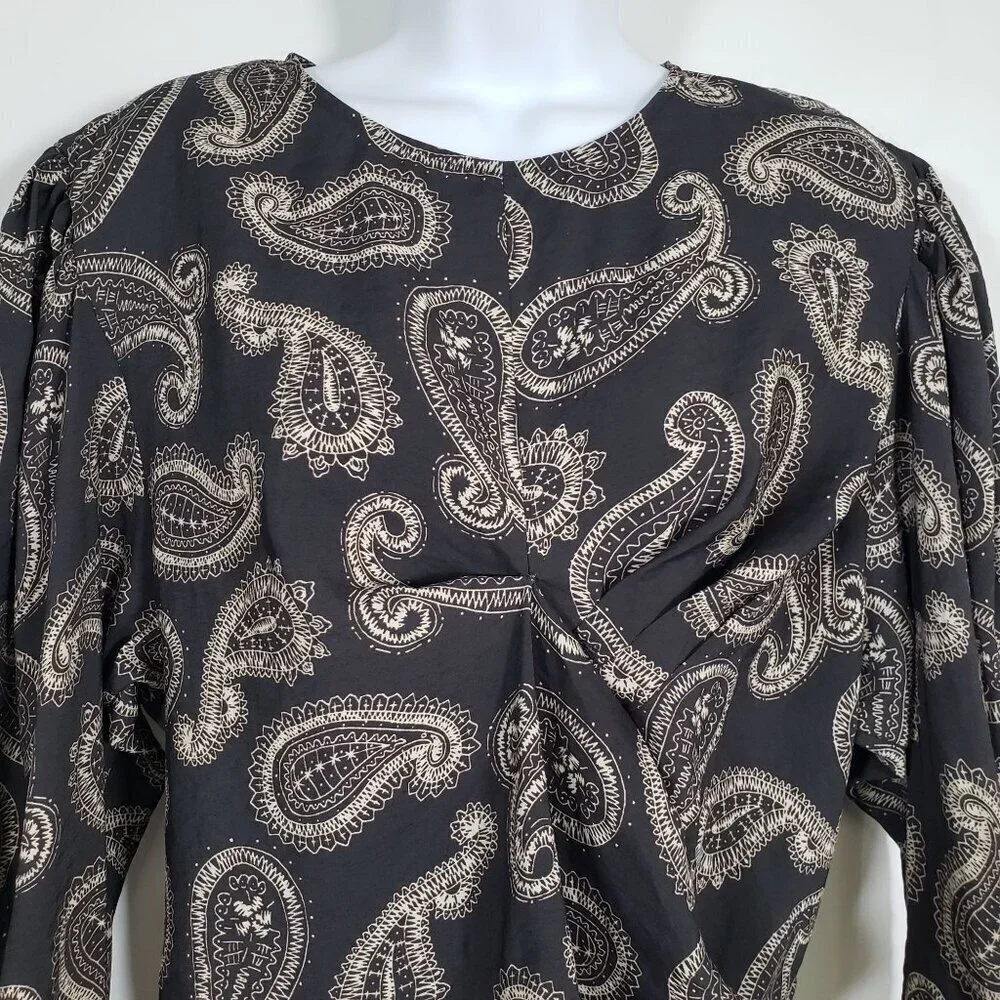 Zara Paisley Puff Sleeve Blouse Long Sleeve Boho Retro 70s Office Gray Womens XL
